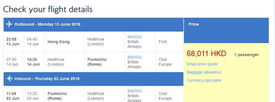 Return BA for the same flight would be 68k HKD