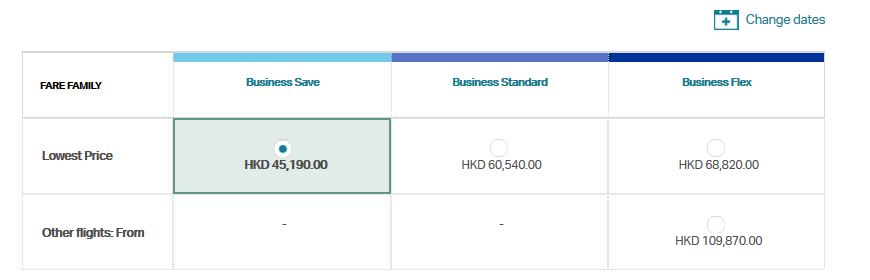 Business Tickets are 45k HKD with your selection of flghts